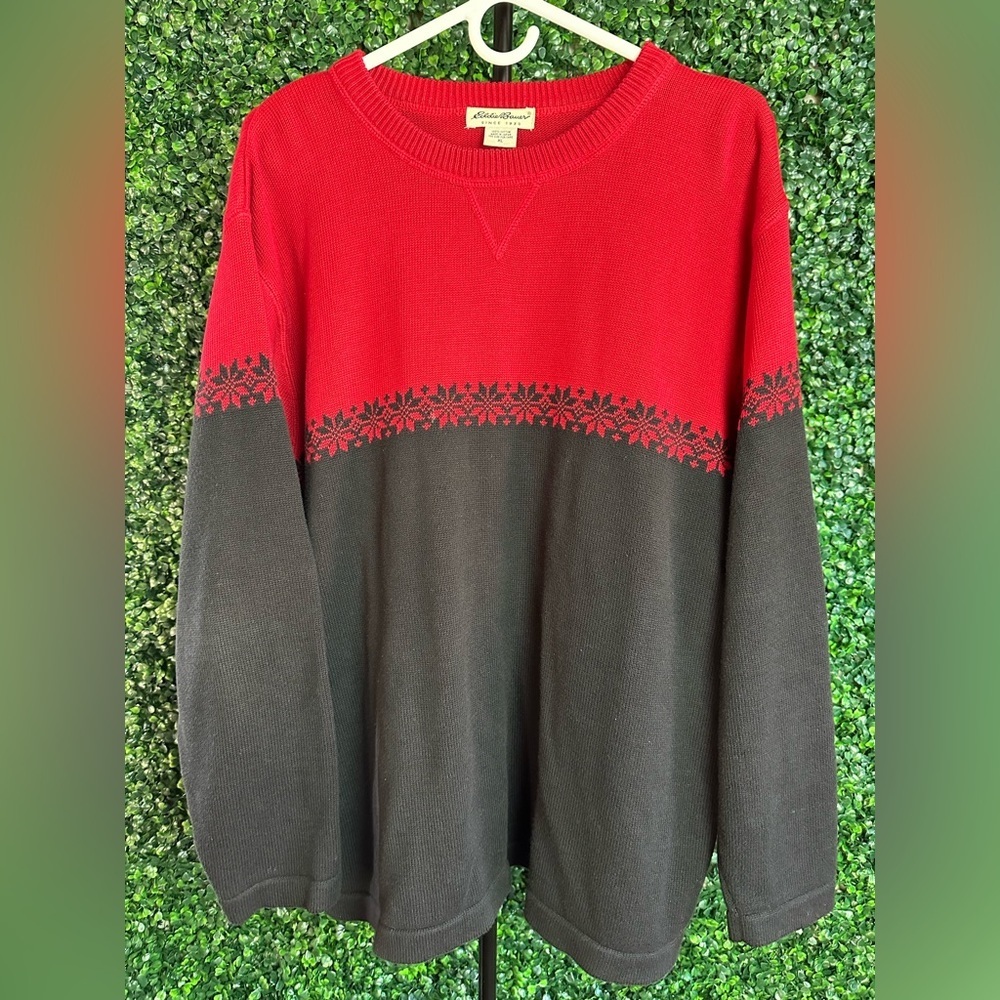 Vintage Eddie Bauer Snowflake Holiday Red/Black Color Block Sweater Size XL - Picture 2 of 5